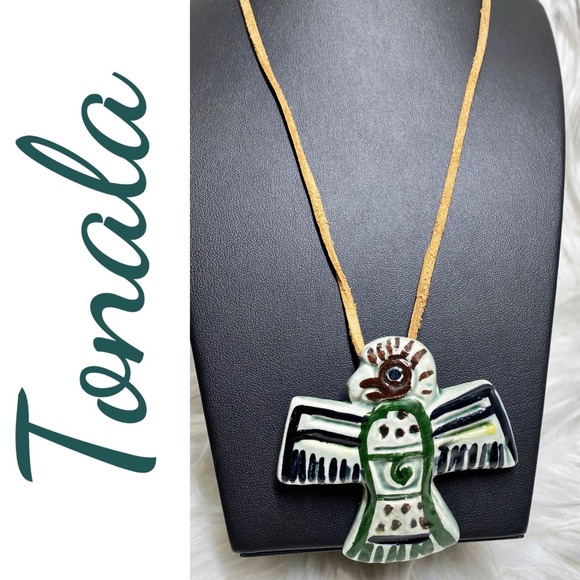 Vintage Signed Tonala Mexico Ceramic Thunderbird Pendant Necklace Folk Art - Picture 4 of 8